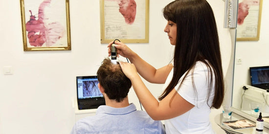 Mann wird an Haaren untersucht um Haarausfall zu stoppen