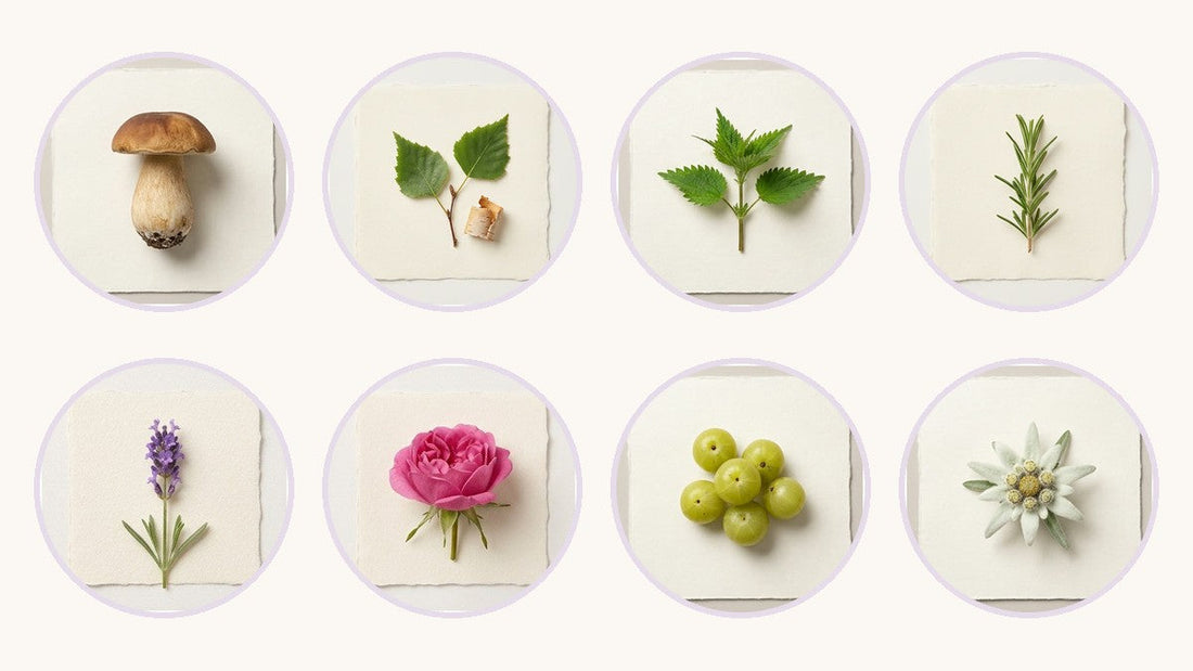 Pflanzen in der YELASAI Pflege: Steinpilz, Birke, Brennnessel, Rosmarin, Lavendel, Damaszener Rose, Amla, Edelweiss