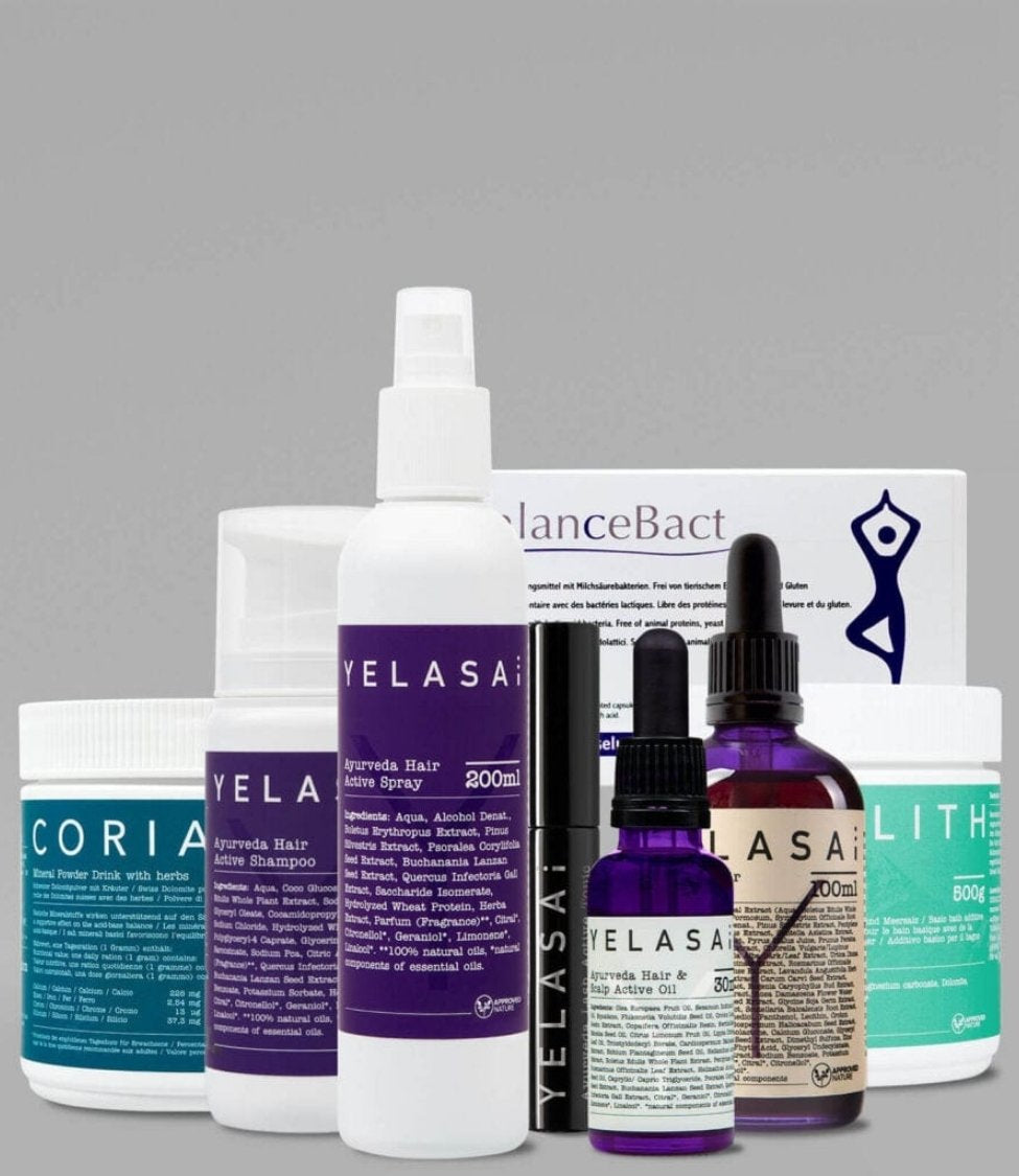 Shampoo bei Haarausfall neben anderen YELASAI Produkten